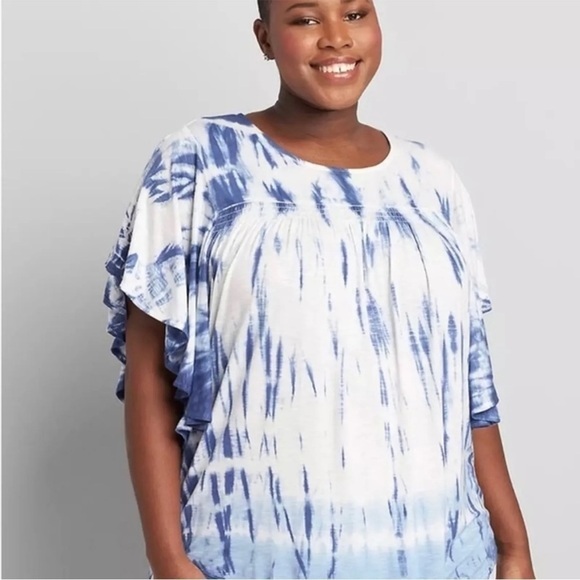 Lane Bryant-22/24-blue and white tie-dye flutter sleeve pull over top blouse - Picture 1 of 11